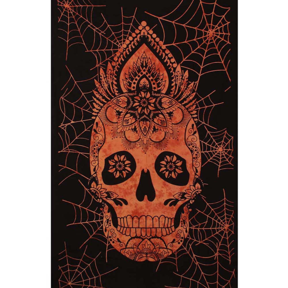 Orange Spider Web Skull Tapestry by Zest For Life